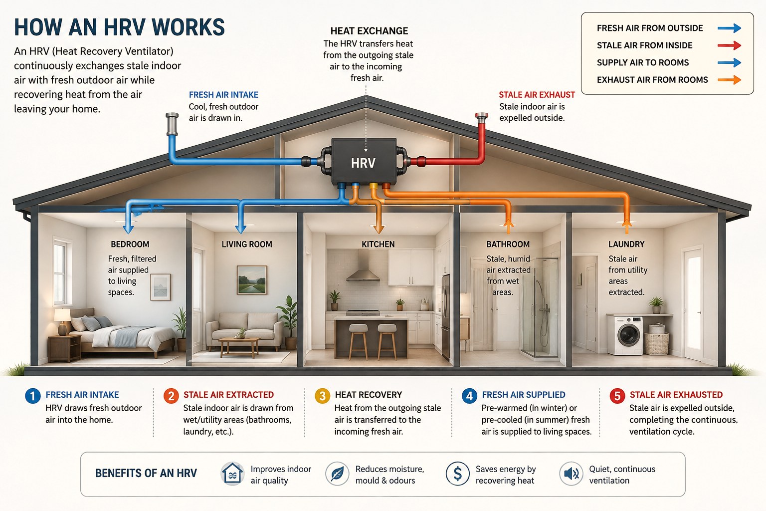 Cross-section infographic of how an HRV supplies fresh air and extracts stale air in a home