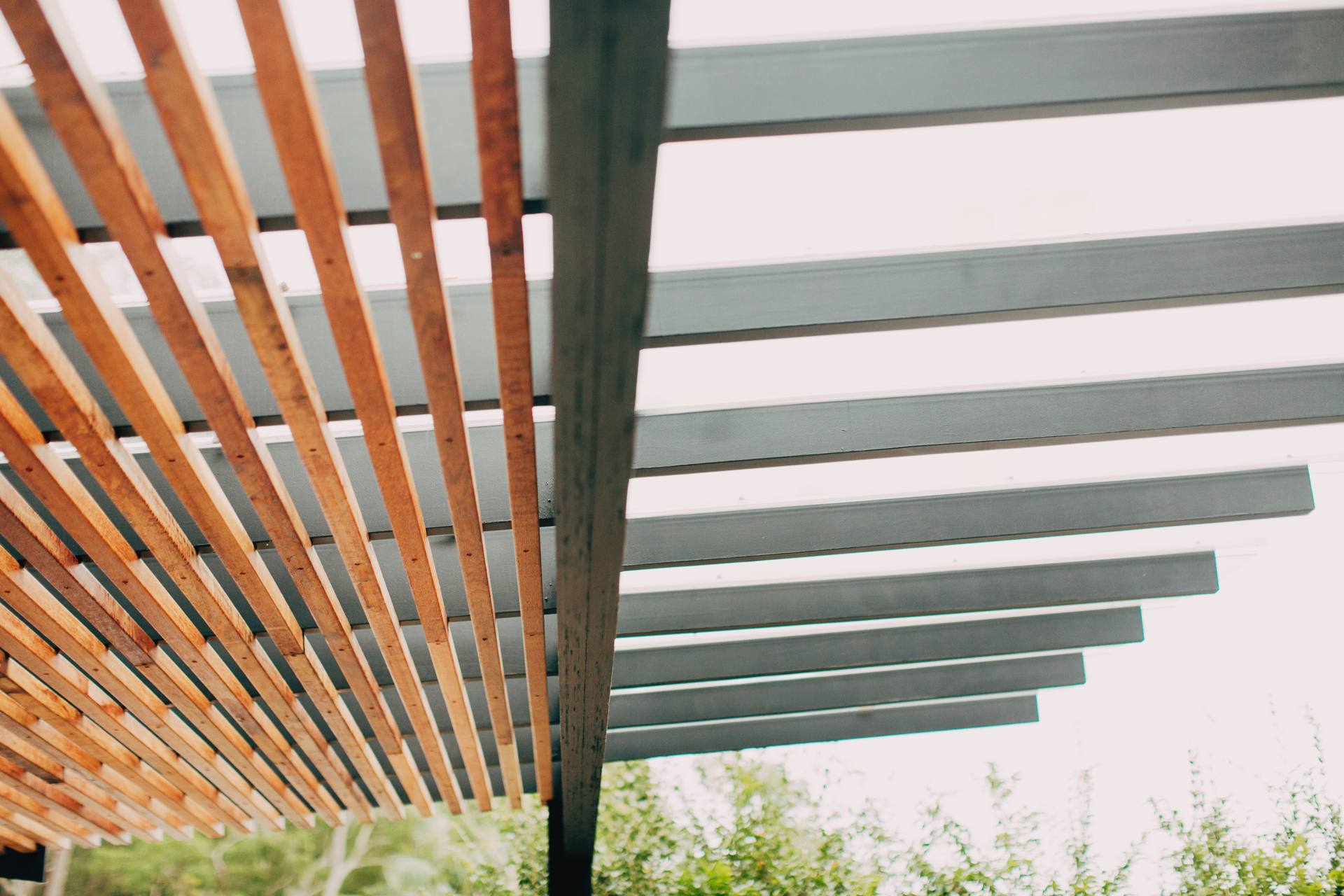 Custom slatted pergola roof detail against the sky at the Chatswood home