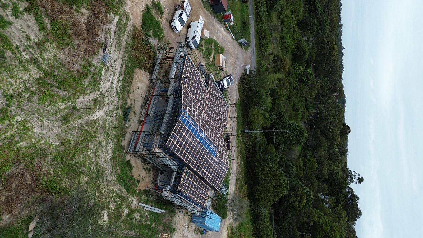 Aerial view of the Ingleside home with steel frame standing and roof battens installed