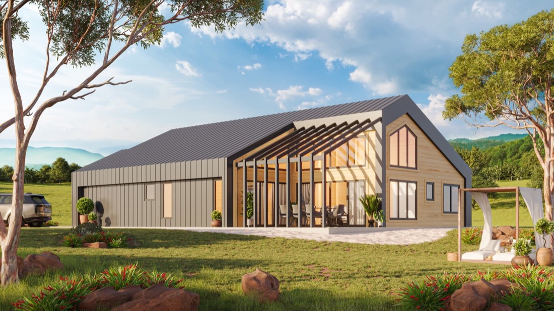 Scandi Homes Vikendell design with raked glazing and gable roof